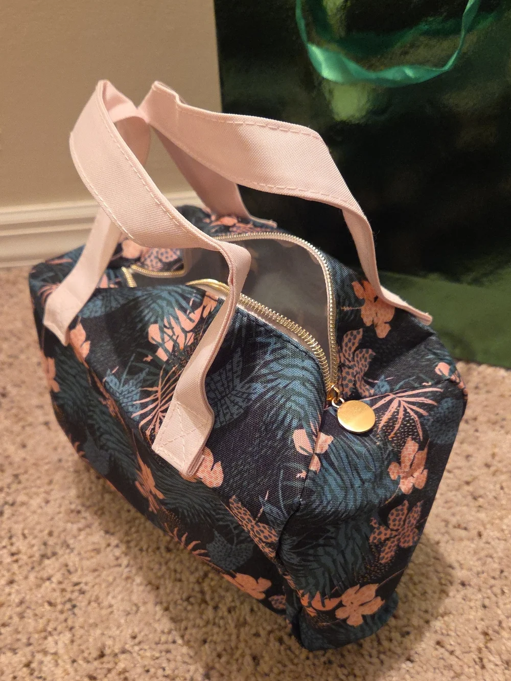 Floral Print Canvas Cosmetic Bag with Pink Handles NWT